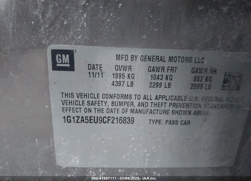 2012 CHEVROLET MALIBU VIN: 1G1ZA5EU9CF216839