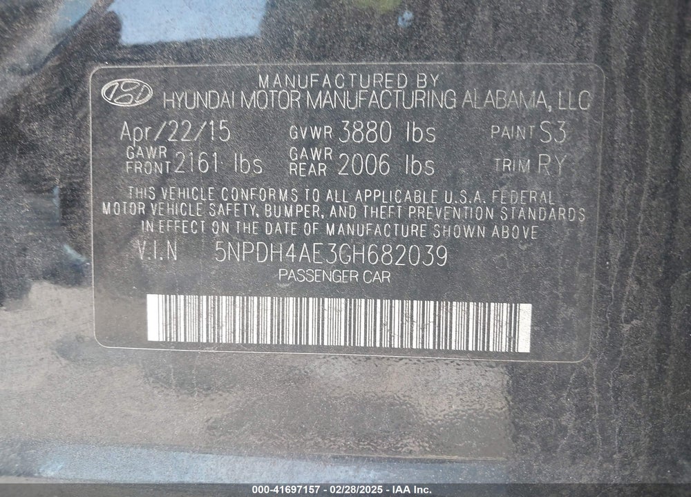 2016 HYUNDAI ELANTRA VALUE EDITION VIN: 5NPDH4AE3GH682039