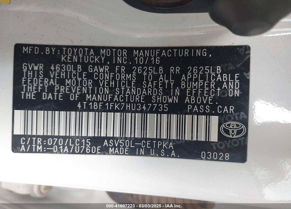 2017 TOYOTA CAMRY VIN: 4T1BF1FK7HU347735