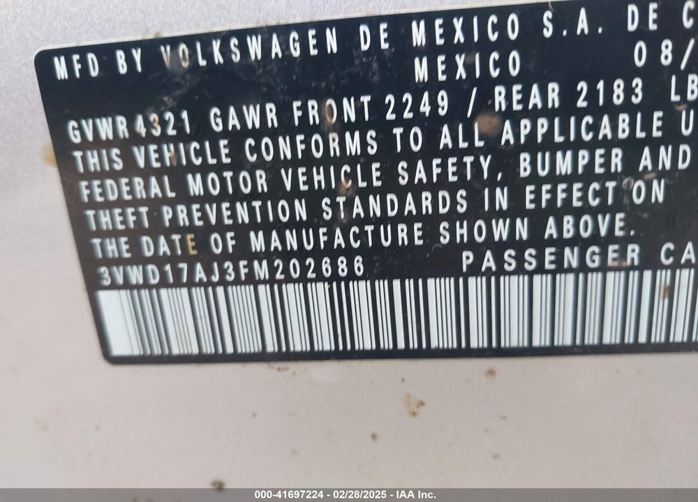 2015 VOLKSWAGEN JETTA VIN: 3VWD17AJ3FM202686