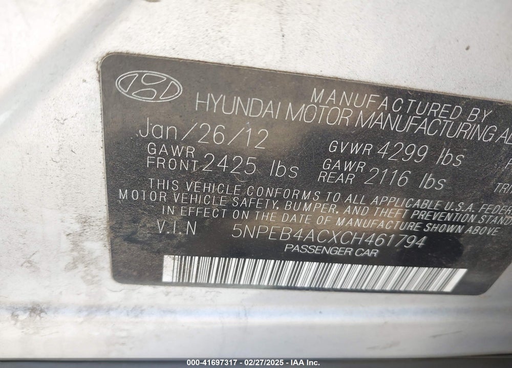 2012 HYUNDAI SONATA GLS VIN: 5NPEB4ACXCH461794