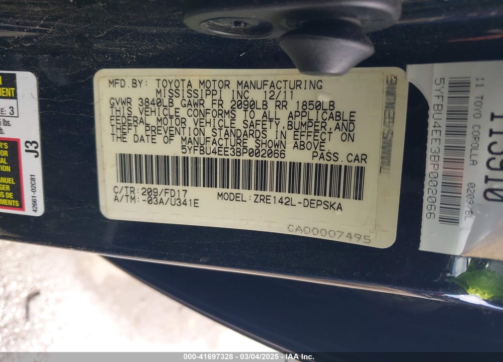 2011 TOYOTA COROLLA S VIN: 5YFBU4EE3BP002066