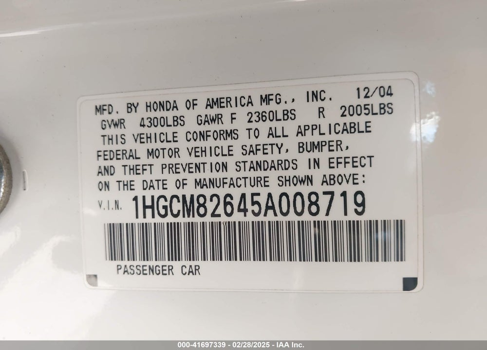 2005 HONDA ACCORD VIN: 1HGCM82645A008719