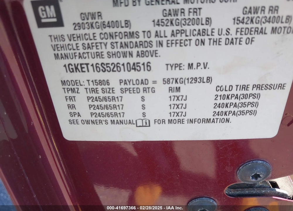 2002 GMC ENVOY XL SLT VIN: 1GKET16S526104516