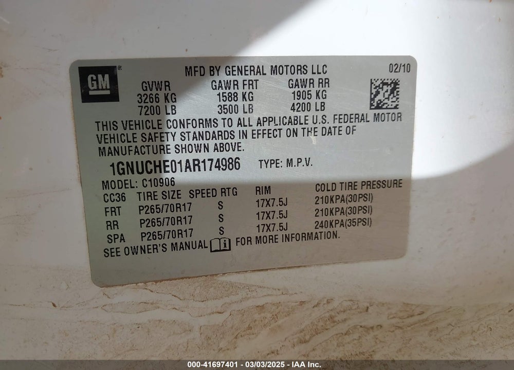 2010 CHEVROLET SUBURBAN 1500 VIN: 1GNUCHE01AR174986