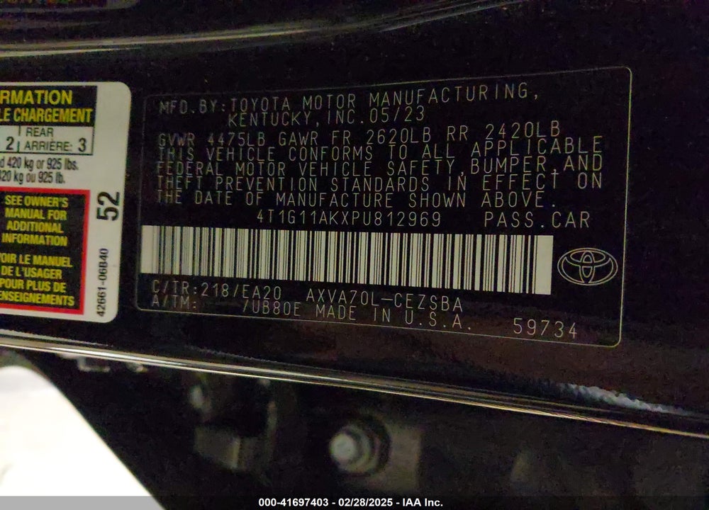 2023 TOYOTA CAMRY VIN: 4T1G11AKXPU812969