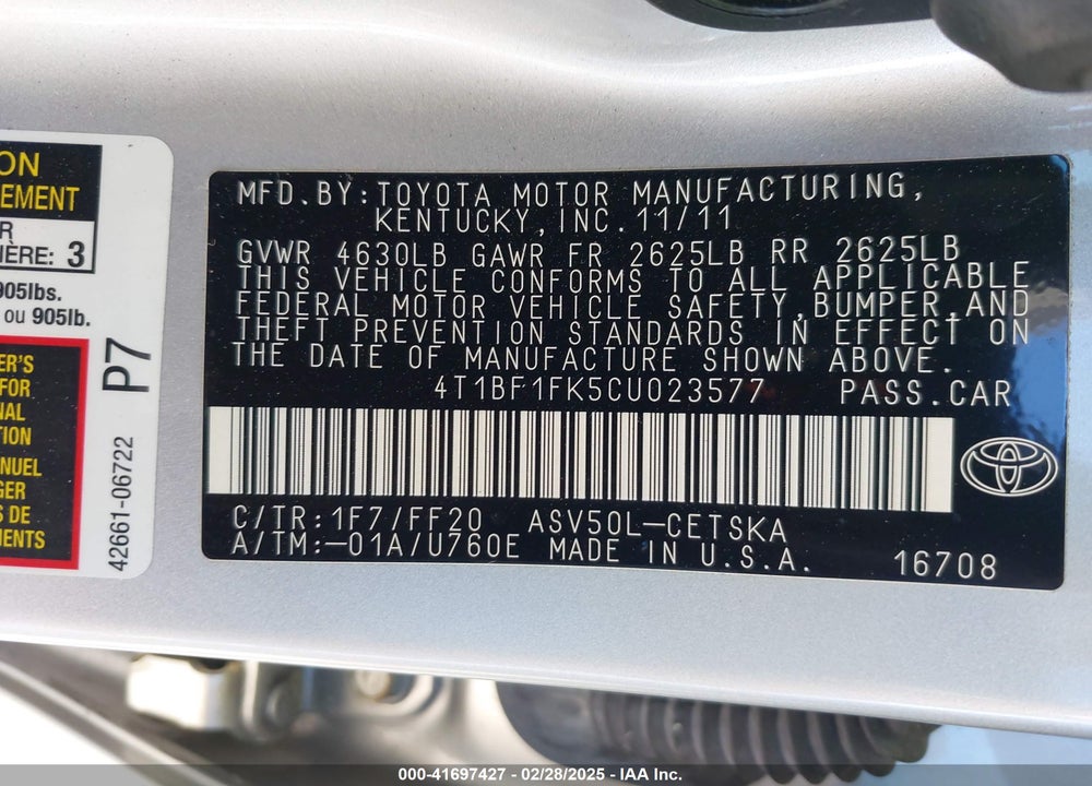 2012 TOYOTA CAMRY SE VIN: 4T1BF1FK5CU023577