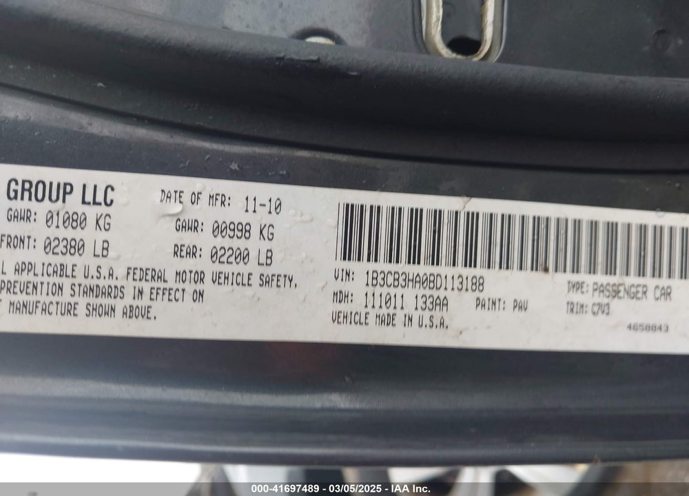 2011 DODGE CALIBER MAINSTREET VIN: 1B3CB3HA0BD113188