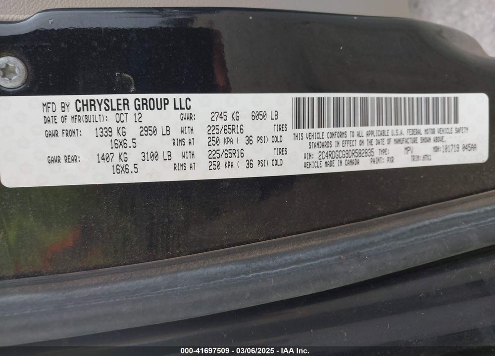2013 DODGE GRAND CARAVAN SXT VIN: 2C4RDGCG9DR582835