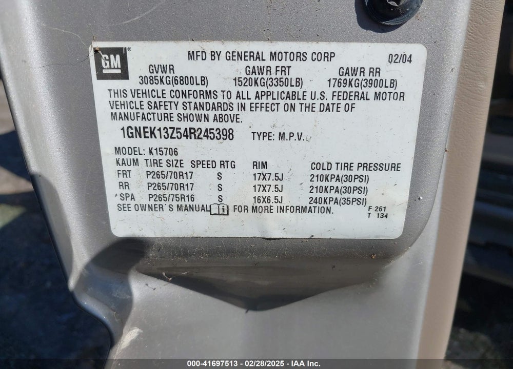2004 CHEVROLET TAHOE Z71 VIN: 1GNEK13Z54R245398