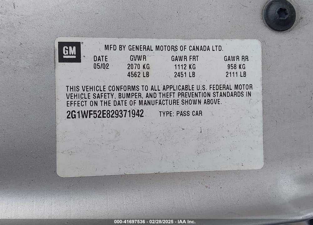 2002 CHEVROLET IMPALA VIN: 2G1WF52E829371942