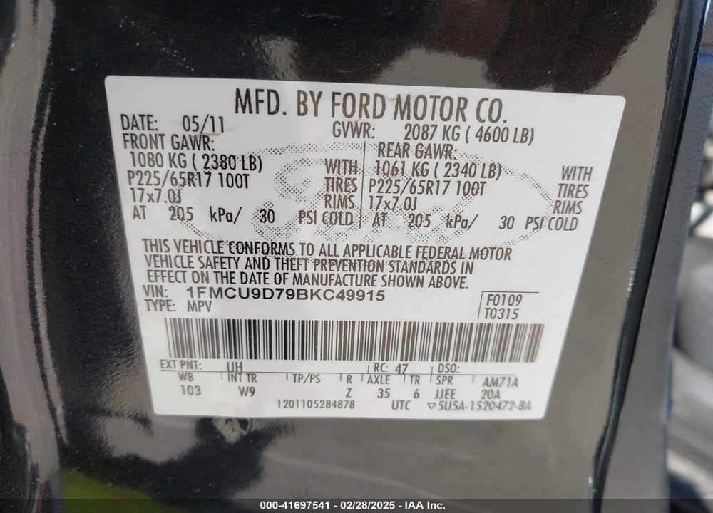2011 FORD ESCAPE VIN: 1FMCU9D79BKC49915