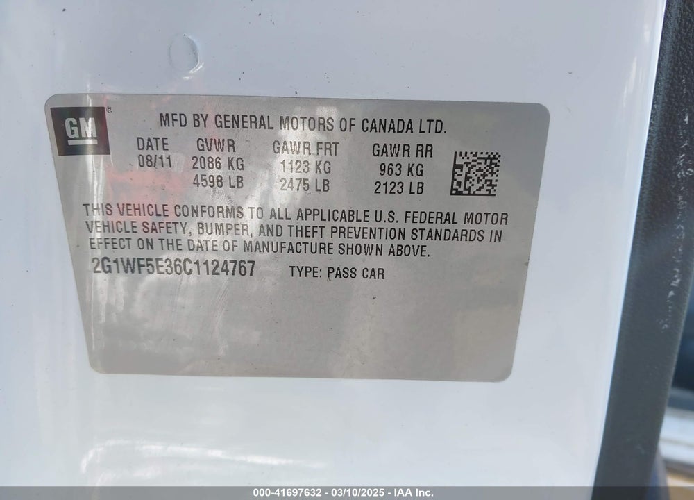2012 CHEVROLET IMPALA VIN: 2G1WF5E36C1124767