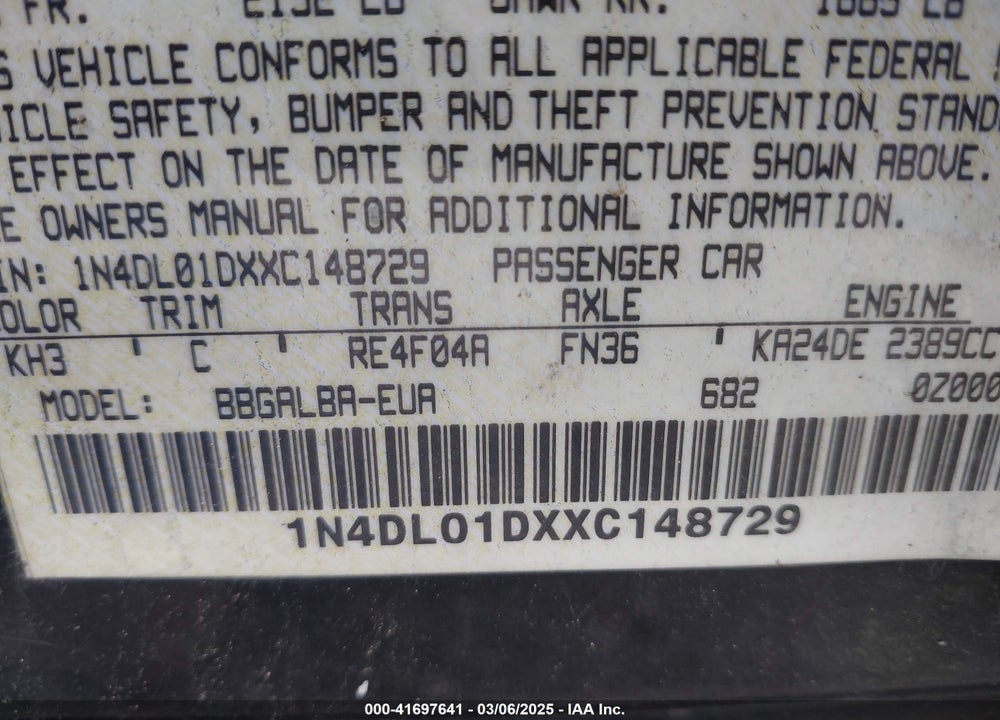 1999 NISSAN ALTIMA VIN: 1N4DL01DXXC148729