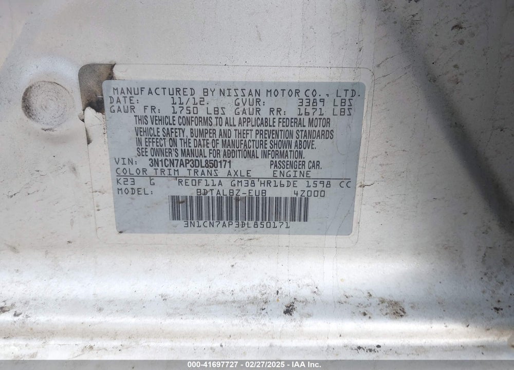 2013 NISSAN VERSA 1.6 SV VIN: 3N1CN7AP3DL850171