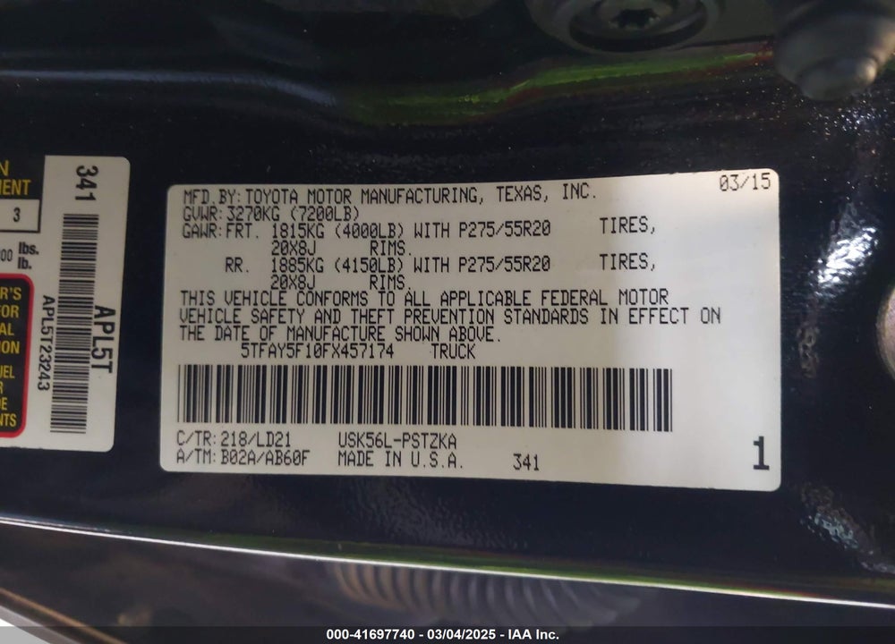 2015 TOYOTA TUNDRA VIN: 5TFAY5F10FX457174