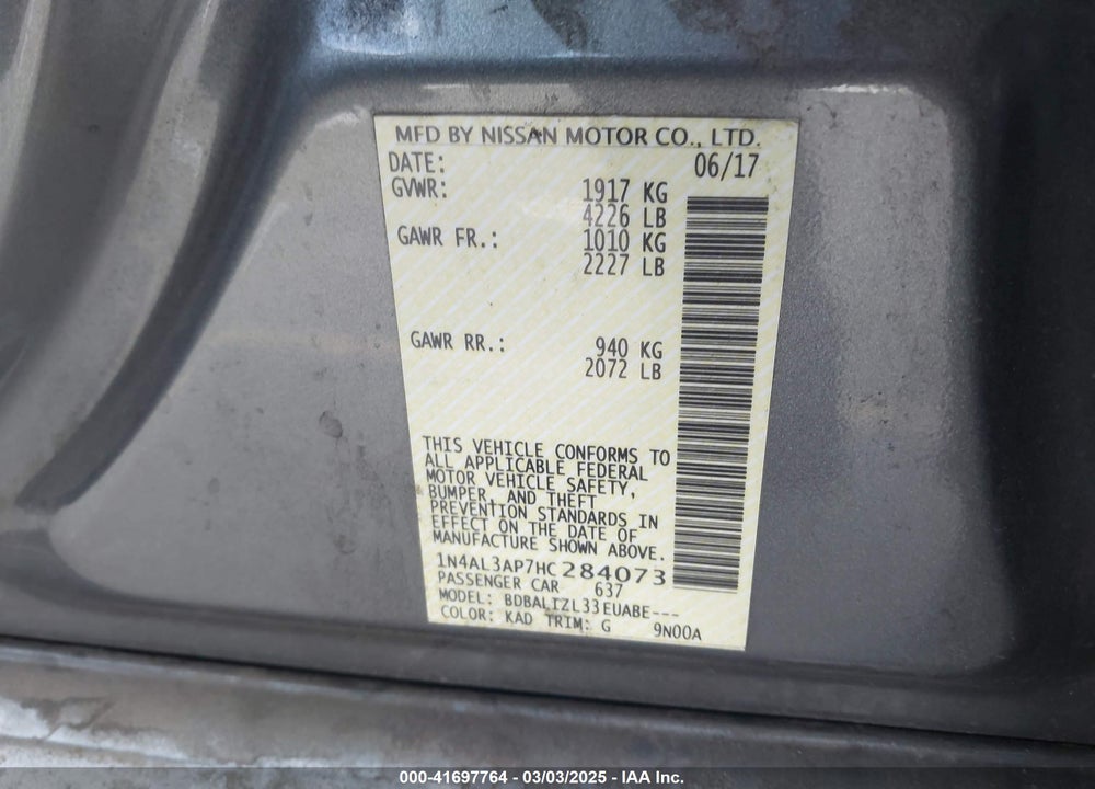 2017 NISSAN ALTIMA VIN: 1N4AL3AP7HC284073