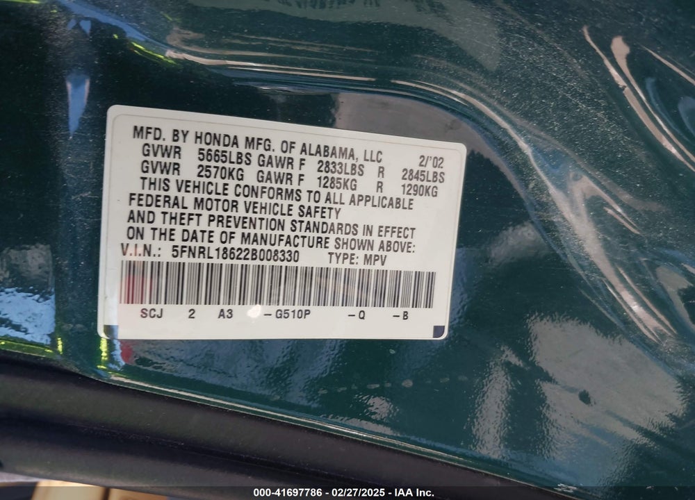 2002 HONDA ODYSSEY EX VIN: 5FNRL18622B008330