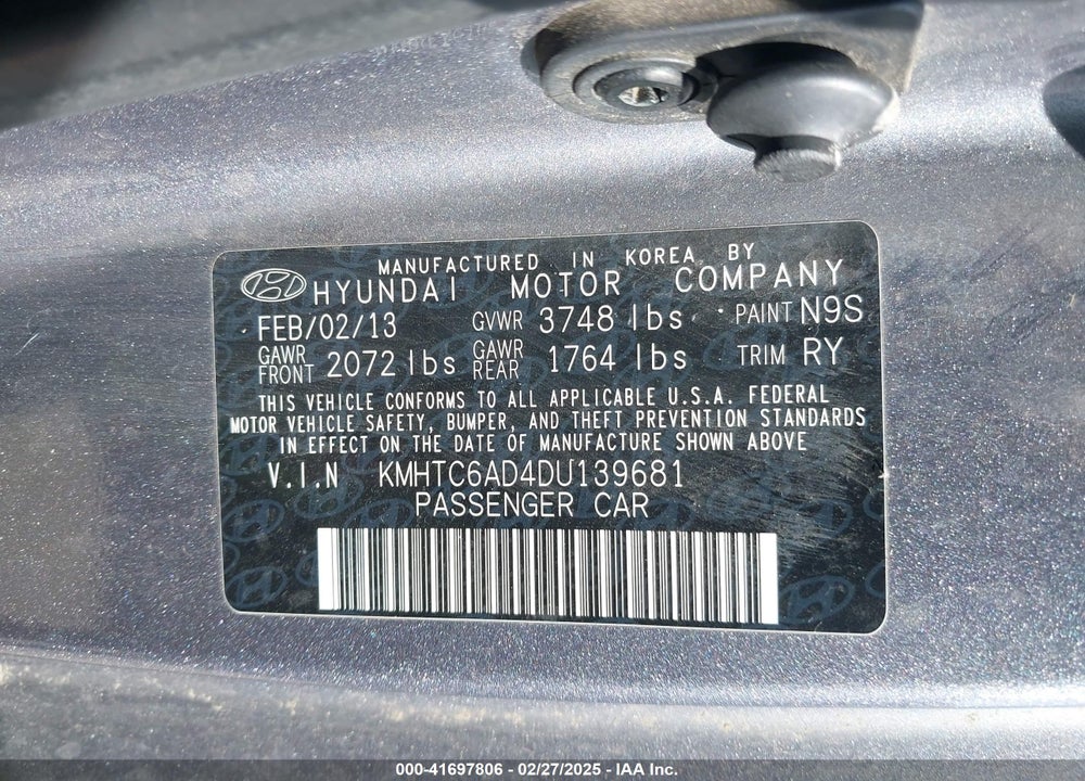 2013 HYUNDAI VELOSTER VIN: KMHTC6AD4DU139681