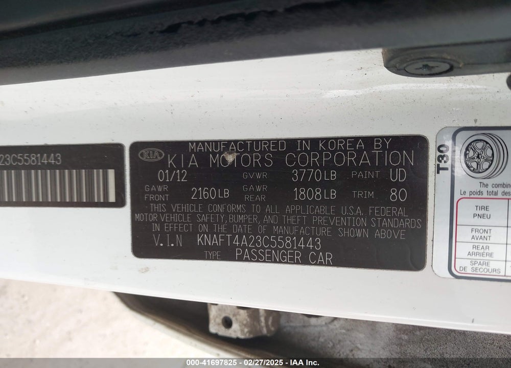 2012 KIA FORTE VIN: KNAFT4A23C5581443