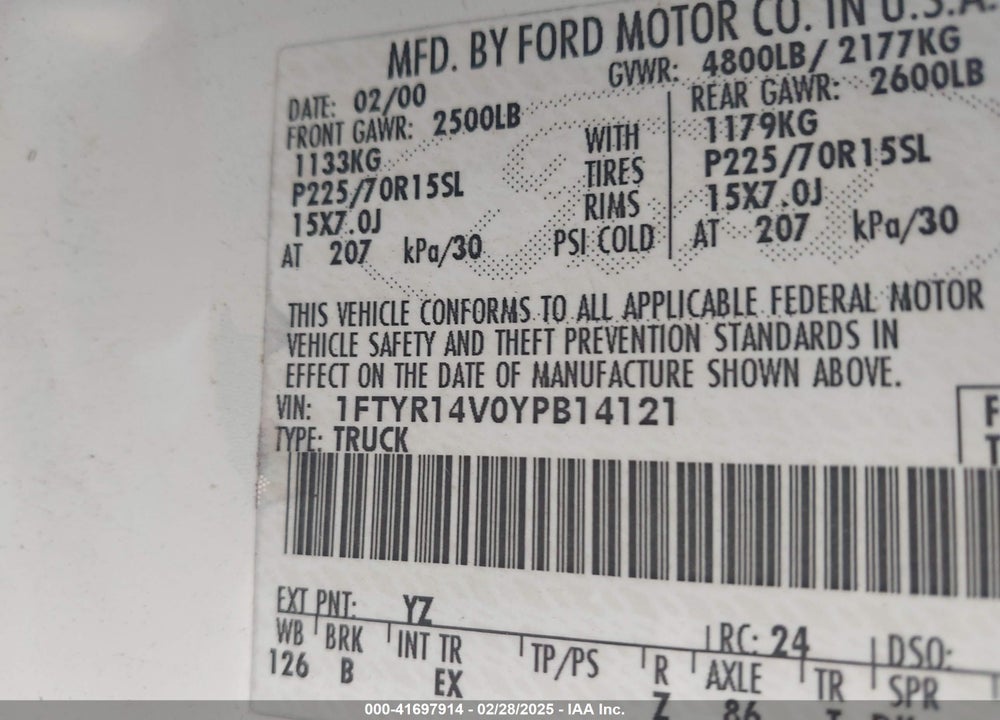2000 FORD RANGER XL/XLT VIN: 1FTYR14V0YPB14121