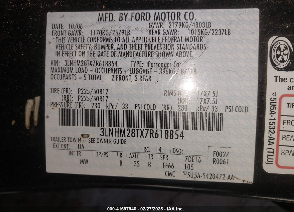 2007 LINCOLN MKZ VIN: 3LNHM28TX7R618854