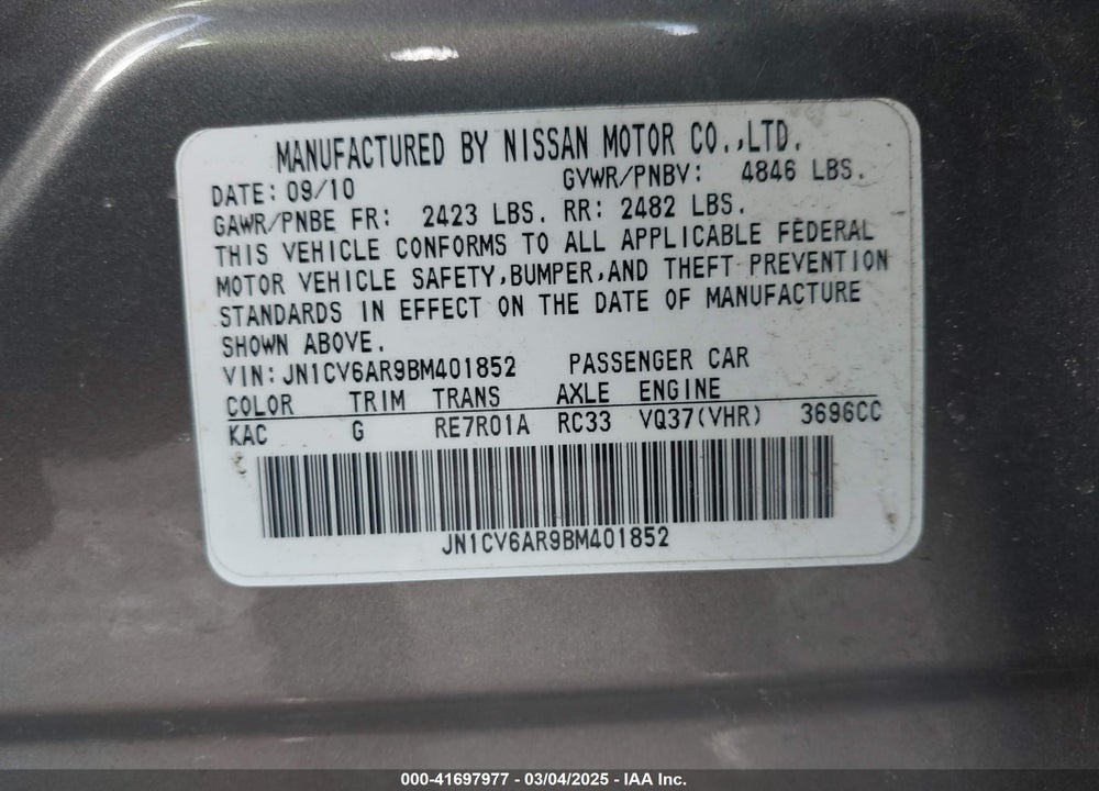 2011 INFINITI G37X VIN: JN1CV6AR9BM401852