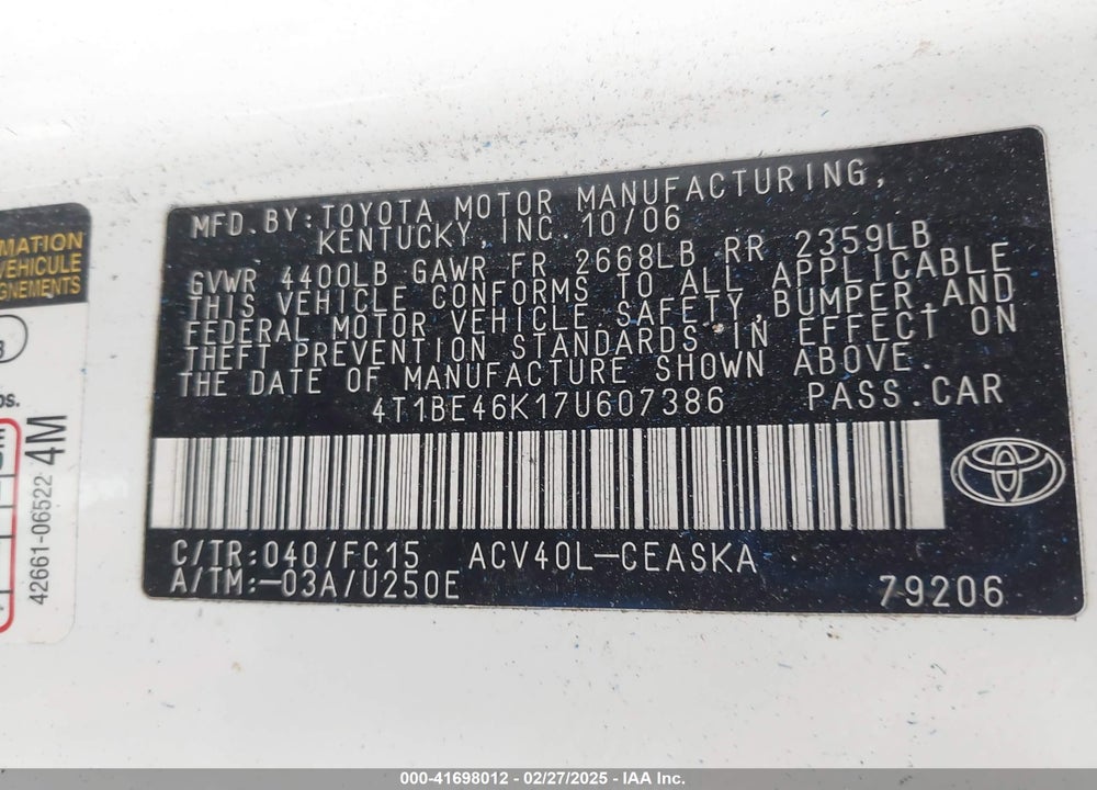 2007 TOYOTA CAMRY VIN: 4T1BE46K17U607386