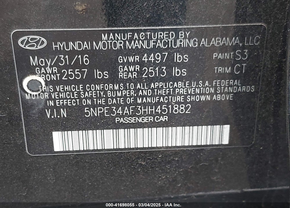 2017 HYUNDAI SONATA VIN: 5NPE34AF3HH451882