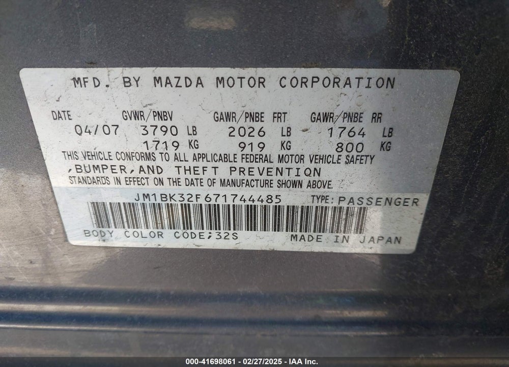2007 MAZDA MAZDA3 VIN: JM1BK32F671744485