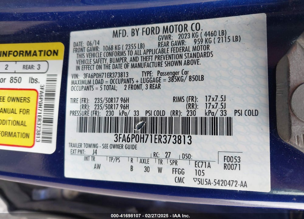 2014 FORD FUSION VIN: 3FA6P0H71ER373813
