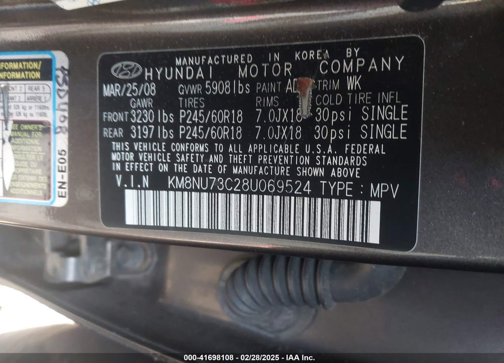 2008 HYUNDAI VERACRUZ VIN: KM8NU73C28U069524