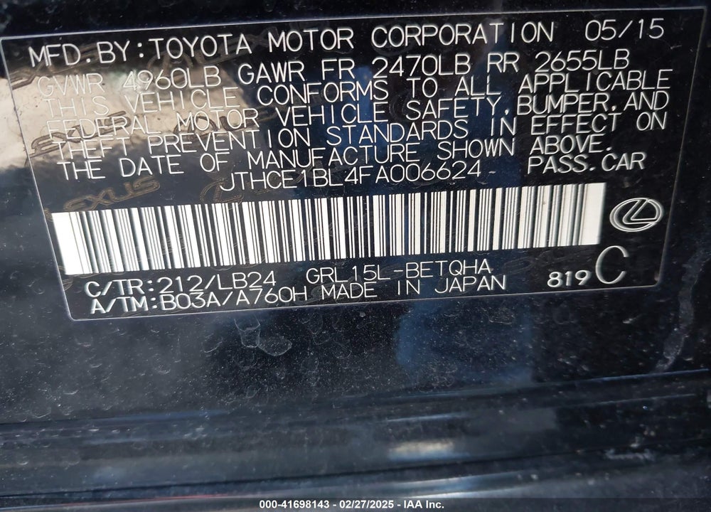 2015 LEXUS GS 350 VIN: JTHCE1BL4FA006624