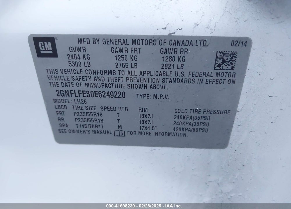 2014 CHEVROLET EQUINOX 1LT VIN: 2GNFLFE30E6249220
