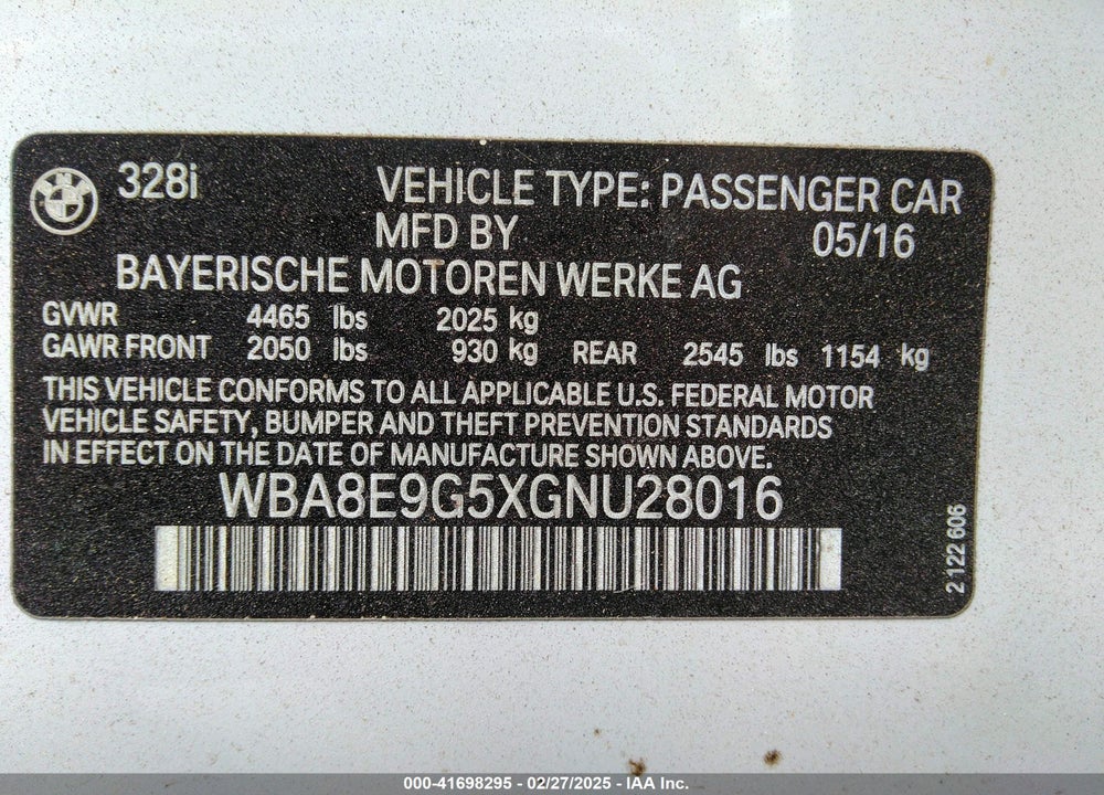 2016 BMW 328 VIN: WBA8E9G5XGNU28016
