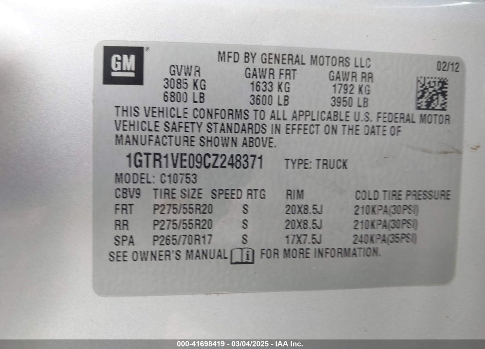 2012 GMC SIERRA 1500 SLE VIN: 1GTR1VE09CZ248371