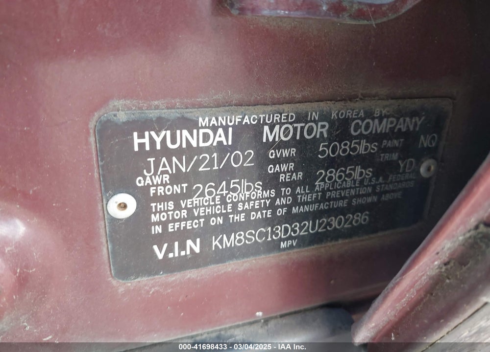 2002 HYUNDAI SANTA FE GLS/LX VIN: KM8SC13D32U230286