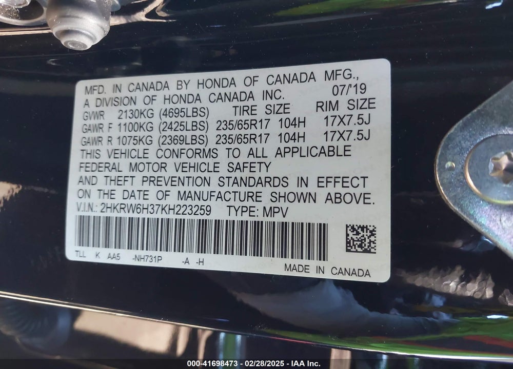 2019 HONDA CR-V VIN: 2HKRW6H37KH223259