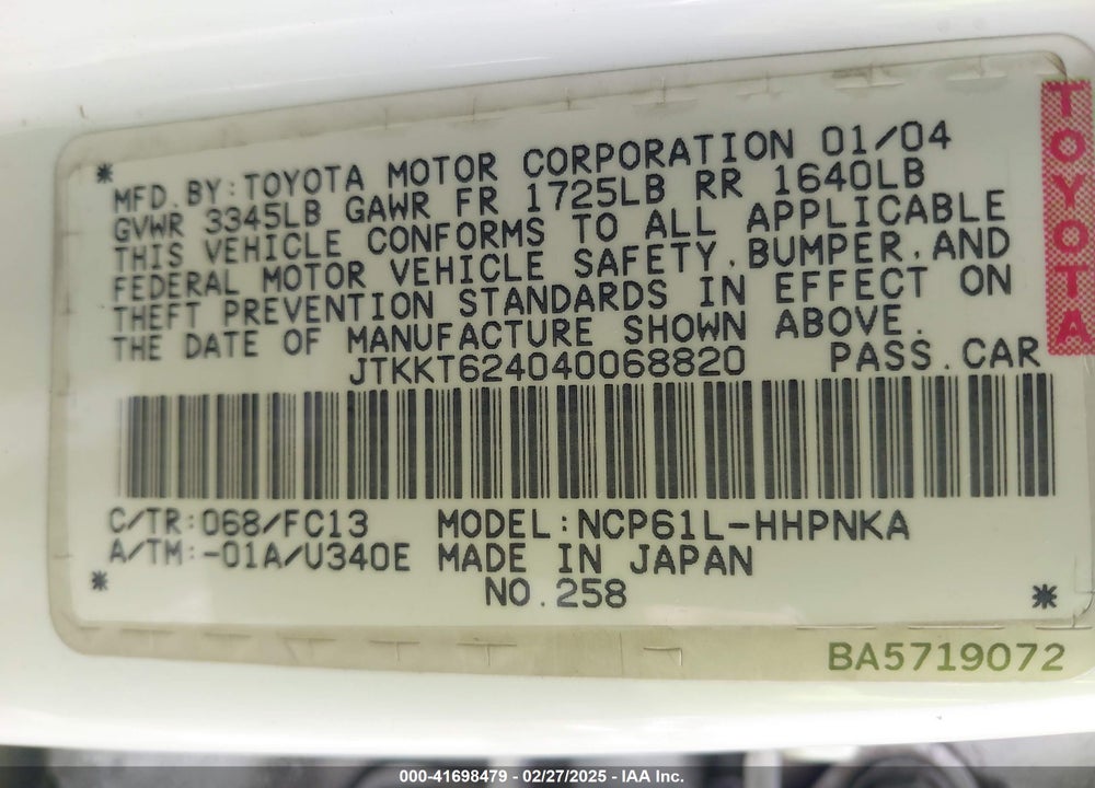 2004 SCION XA VIN: JTKKT624040068820