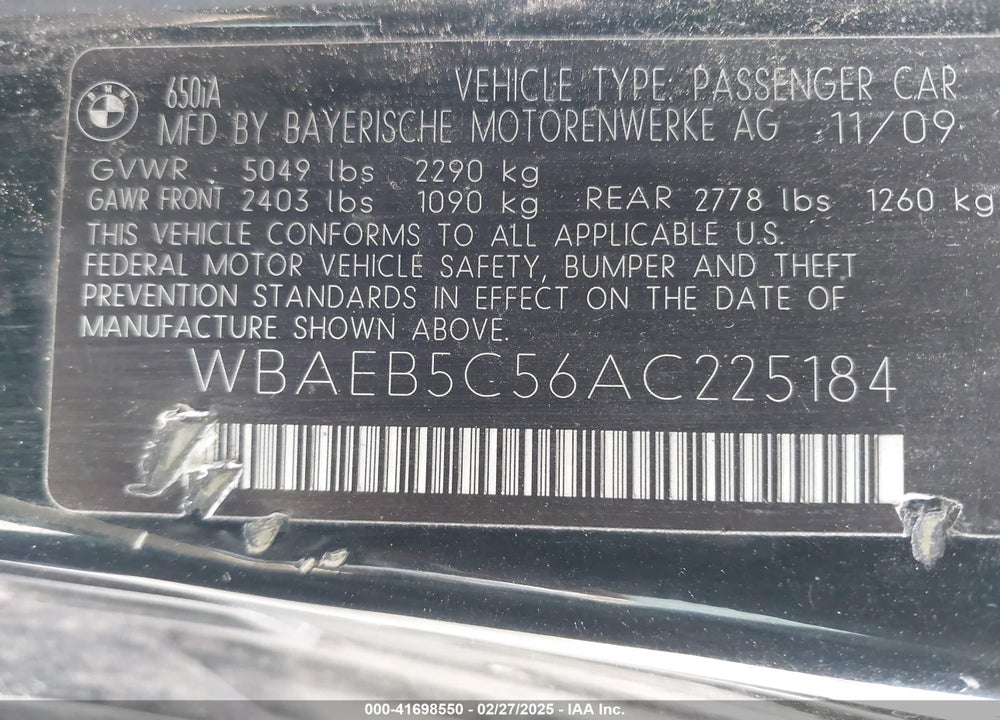 2010 BMW 650I VIN: WBAEB5C56AC225184