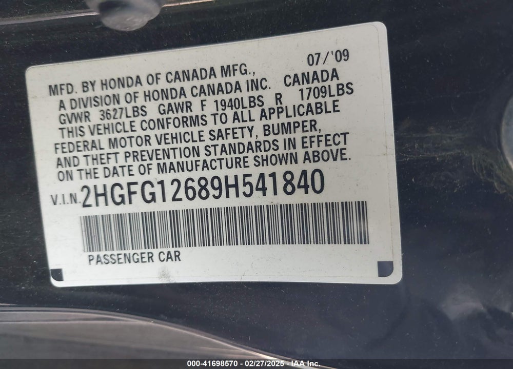 2009 HONDA CIVIC LX VIN: 2HGFG12689H541840