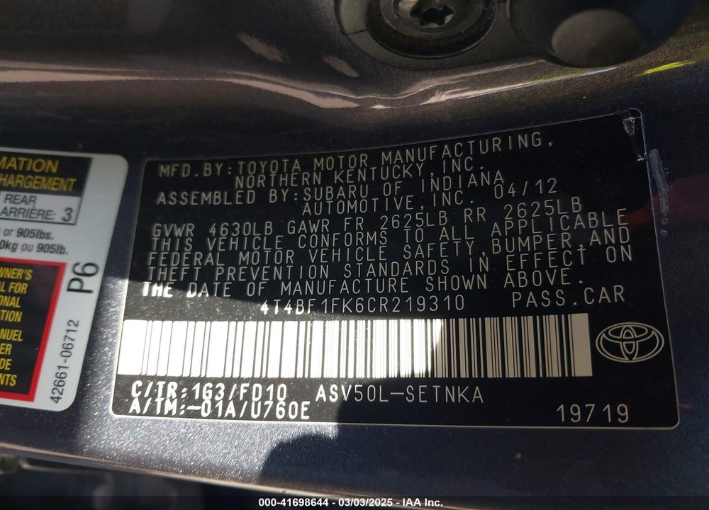2012 TOYOTA CAMRY VIN: 4T4BF1FK6CR219310