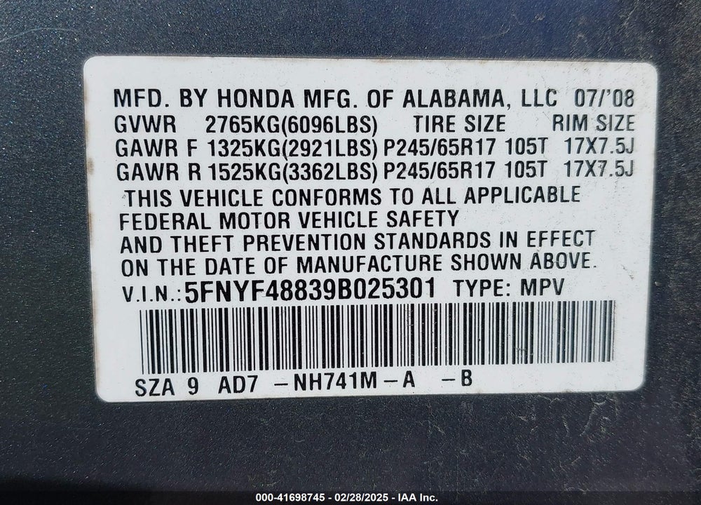 2009 HONDA PILOT TOURING VIN: 5FNYF48839B025301
