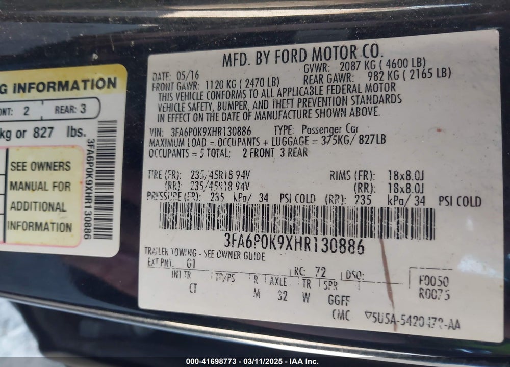 2017 FORD FUSION VIN: 3FA6P0K9XHR130886