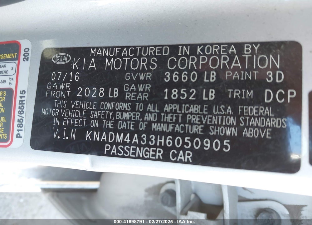 2017 KIA RIO VIN: KNADM4A33H6050905
