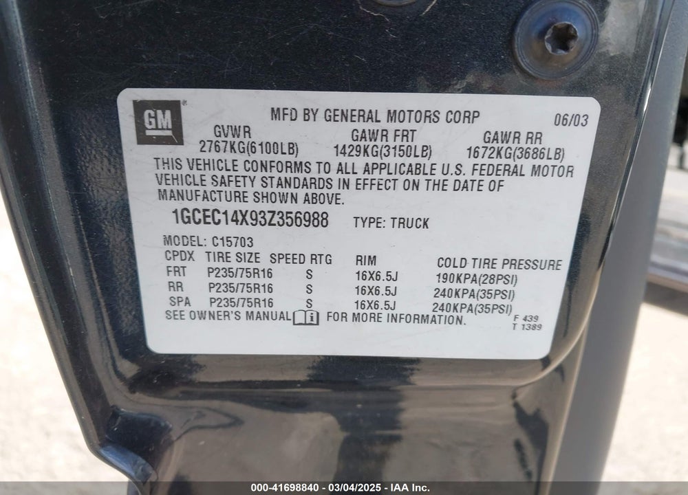 2003 CHEVROLET SILVERADO 1500 VIN: 1GCEC14X93Z356988