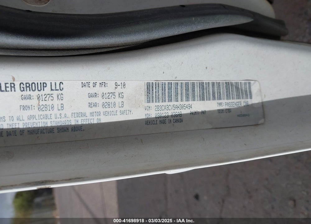2010 DODGE CHARGER VIN: 2B3CA3CV5AH305494