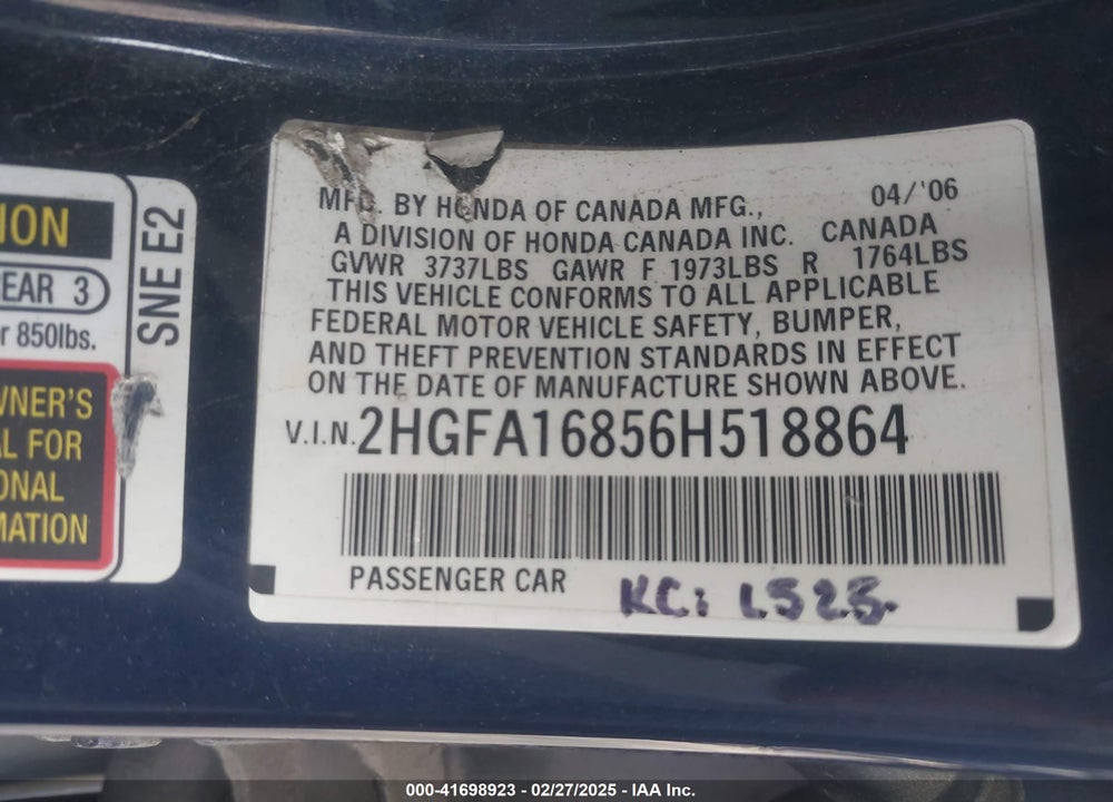2006 HONDA CIVIC VIN: 2HGFA16856H518864