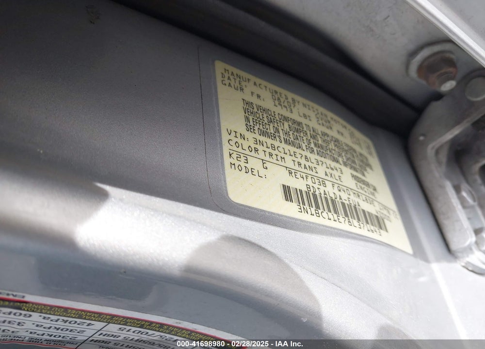 2008 NISSAN VERSA VIN: 3N1BC11E78L371643