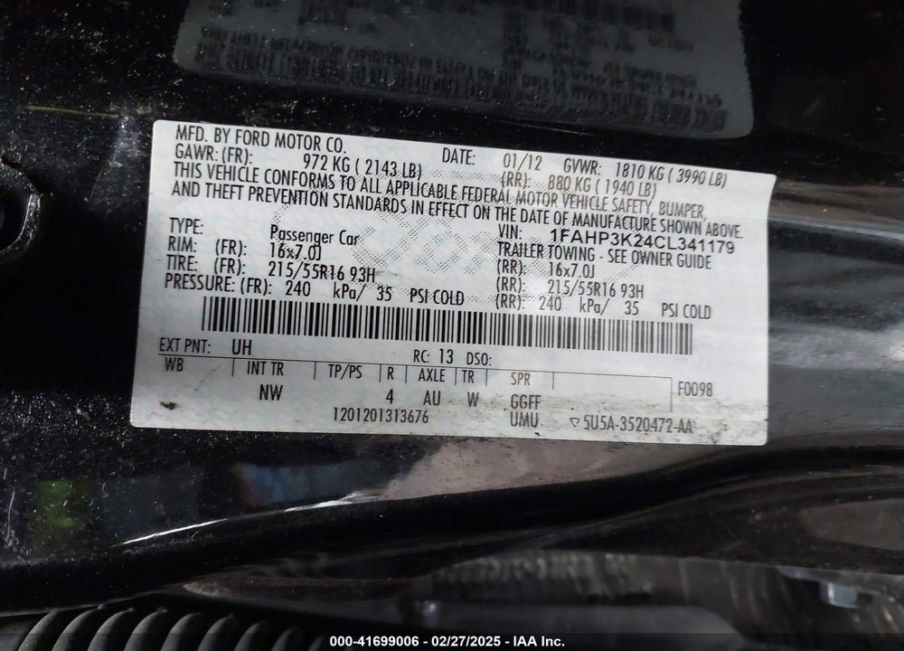 2012 FORD FOCUS VIN: 1FAHP3K24CL341179
